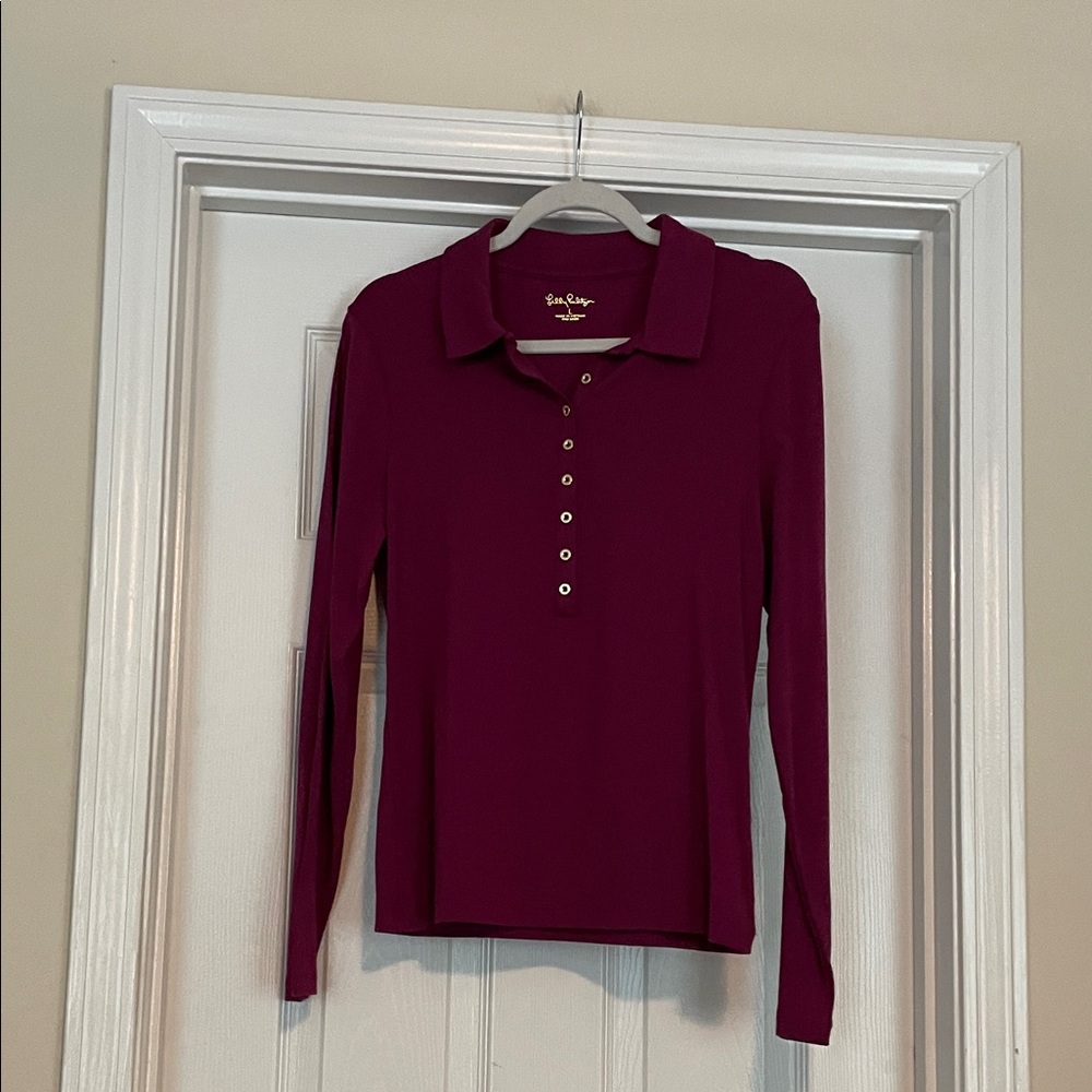 Lilly Pulitzer Polo Collar Long Sleeve Blouse w/ Gold Logo Buttons Size Large